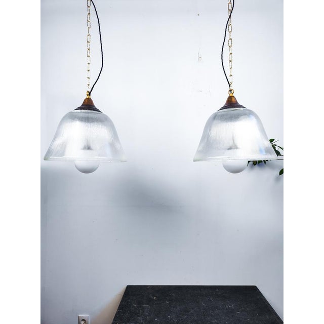 Metal Large Holophane and Opaline Glass Pendant Lights, 1970s For Sale - Image 7 of 7