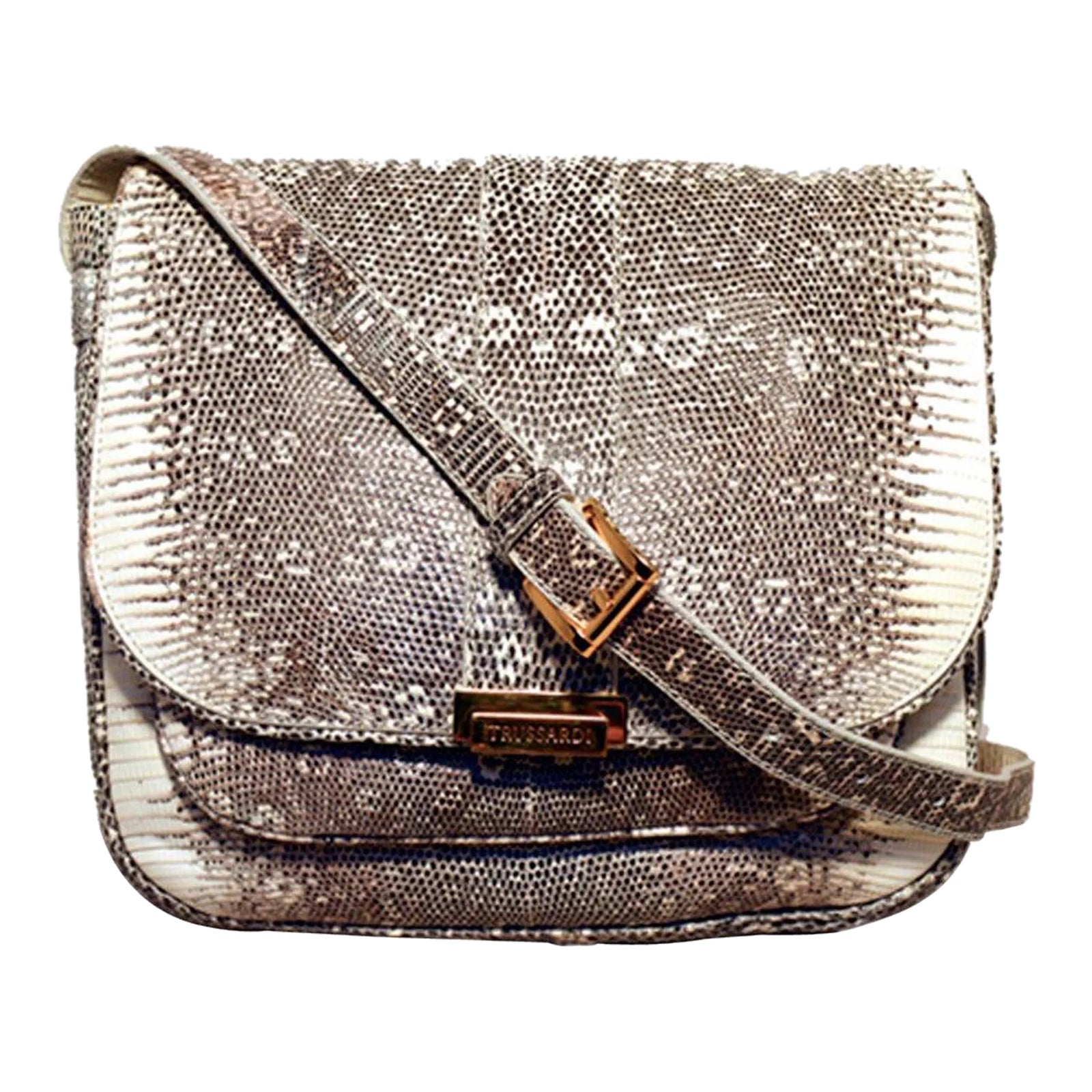 Trussardi Grey and White Ring Lizard Messenger Handbag | Chairish
