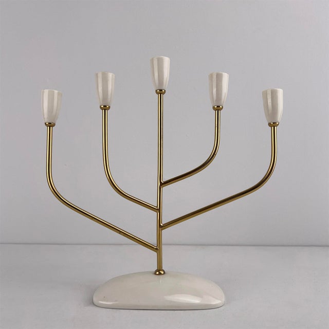 Mid-Century Candlestick Five-Flame in Brass and Porcelain by Helmut Krüger, Berlin, 1950s For Sale - Image 6 of 6