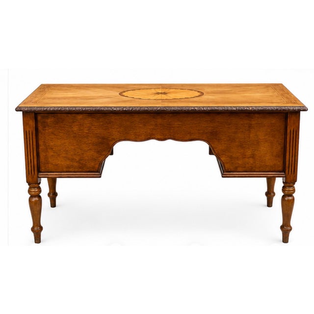 Brown Late 20th Century Compass Star Parquetry Oak Executive Desk With Keyboard Drawer & Carved Rope Edge For Sale - Image 8 of 9