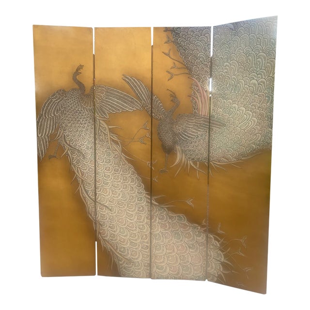 Folding Screen With Gold Foil and Peacocks Attributed to Maitland Smith For Sale