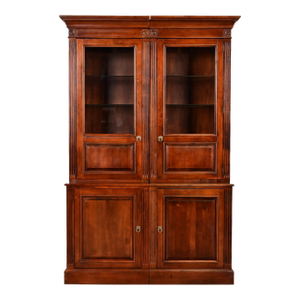 Ethan Allen British Colonial Carved Cherry Wood Lighted Breakfront Bookcase Cabinet