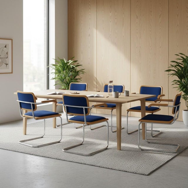 Blue Lowenstein Chrome Wood Cesca Dining Chairs - Set of 6 For Sale - Image 8 of 8