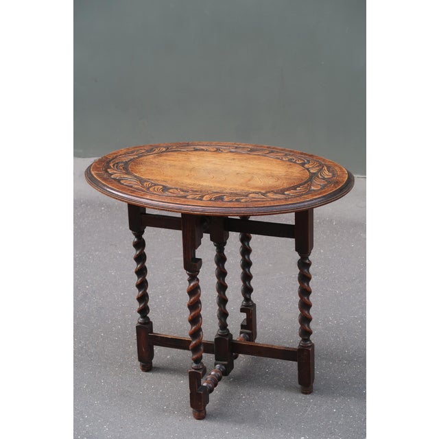 Brown Antique Carved Tiger Oak Folding Tea Coffee Table Barley Twist End of XIXth Century For Sale - Image 8 of 13