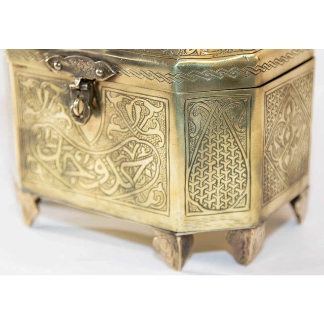 Early 20th Century Persian Brass Jewelry Box in Mamluk Revival Damascene Moorish Islamic Style 1920 For Sale - Image 5 of 13