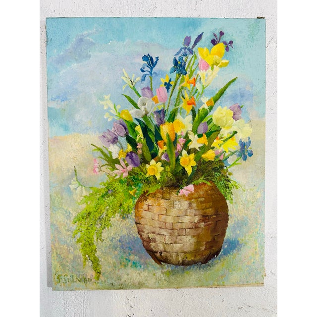 This is a cheerful still-life floral painting on canvas. It shows a loosely painted bouquet of spring flowers — daffodils,...