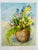 This is a cheerful still-life floral painting on canvas. It shows a loosely painted bouquet of spring flowers — daffodils,...