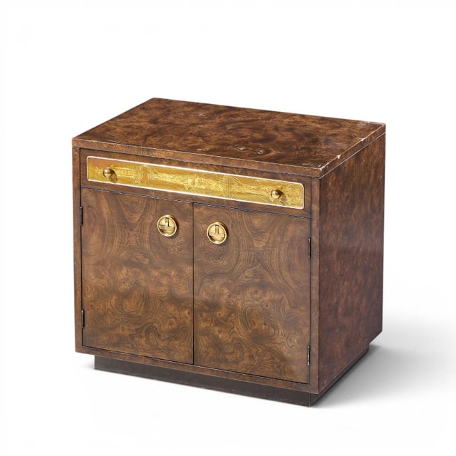Bernhard Rohne for Mastercraft Mid Century Burlwood and Acid Etched Brass Nightstands - Pair For Sale - Image 9 of 13