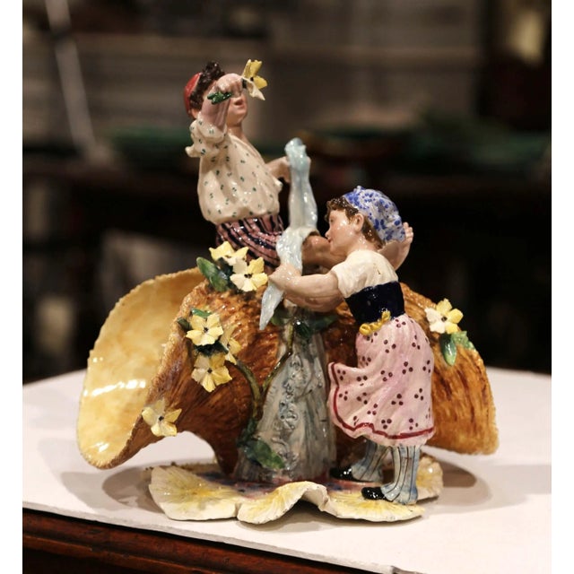 Figurative Early 20th Century French Painted Porcelain Barbotine Vase With Children Figures For Sale - Image 3 of 11