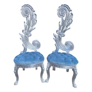 1970s Italian Rococo Silver Beech Velvet Side Chairs Pair For Sale