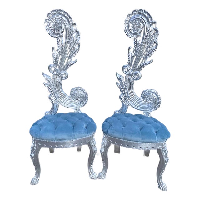 1970s Italian Rococo Silver Beech Velvet Side Chairs Pair For Sale
