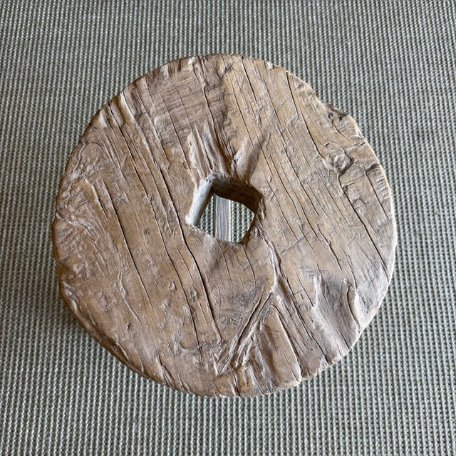 Vintage Elm Wood Wheel Side Table #A53 For Sale In Los Angeles - Image 6 of 8