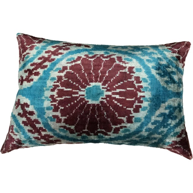 Contemporary Silk Uzbek Ikat Velvet Hand Made Pillow Cushion,16x24 For Sale - Image 3 of 3