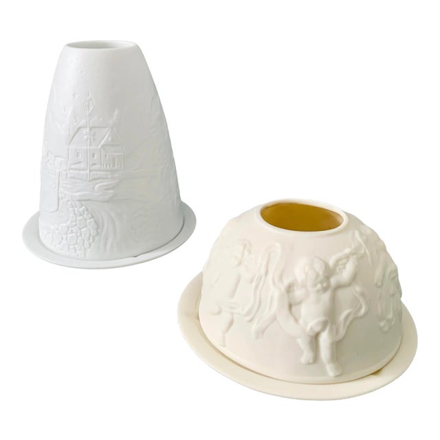 Vintage Bisque Porcelain Votive Candle Holders, Cherub & Winter Holidays Themes, Set of 2 For Sale