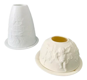 Vintage Bisque Votive Candle Holders, Cherub & Winter Holidays Themes, Set of 2
