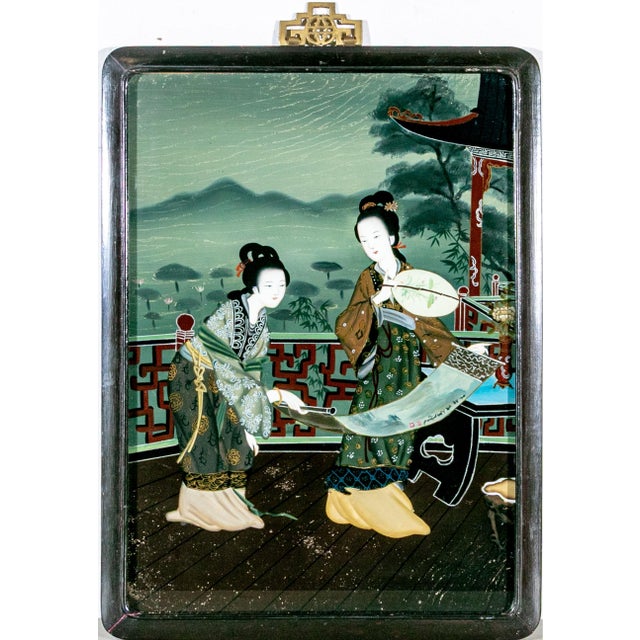 Chinoiserie Chinese Reverse Painted Glass of Court Ladies With Scroll, Framed, Circa 1950–1965 For Sale - Image 3 of 7