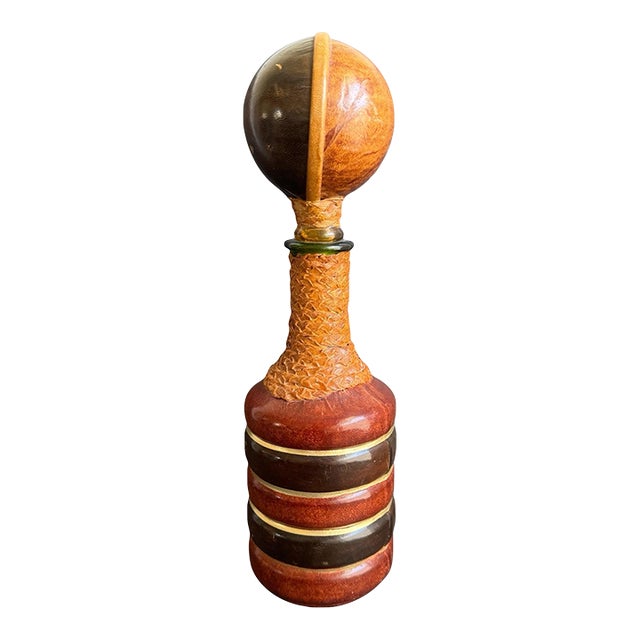 Vintage Italian Leather Wrapped Decanter Mid Century Modern Made in Italy 14" For Sale