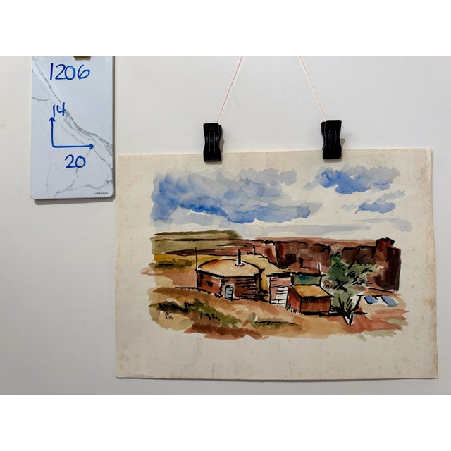 Paper Henry Emil Salloch Original Watercolor on Paper Native American Hogan Settlement, 1971. For Sale - Image 7 of 7