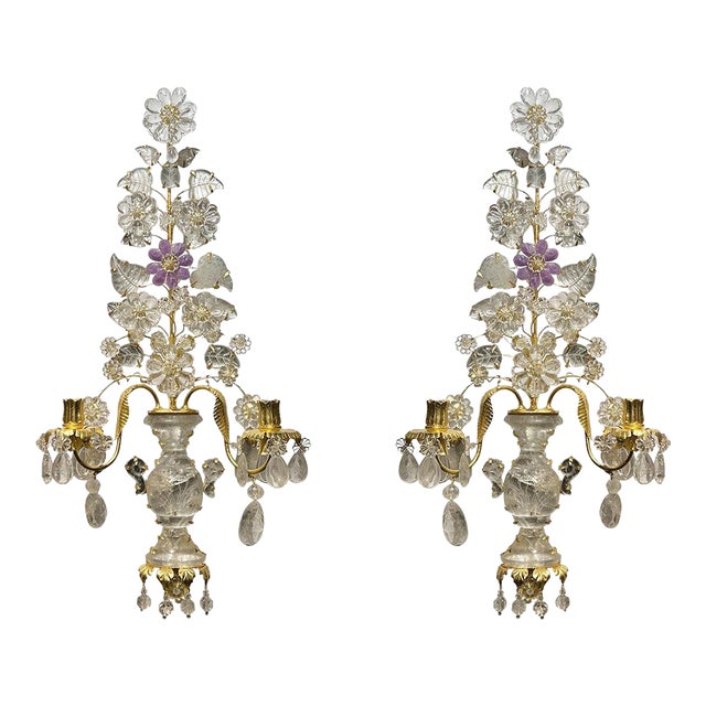 New French Maison Bagues Style Rock Crystal Gilt Metal 2-Light Sconces - a Pair For Sale