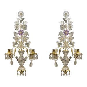 New French Maison Bagues Style Rock Crystal Gilt Metal 2-Light Sconces - a Pair