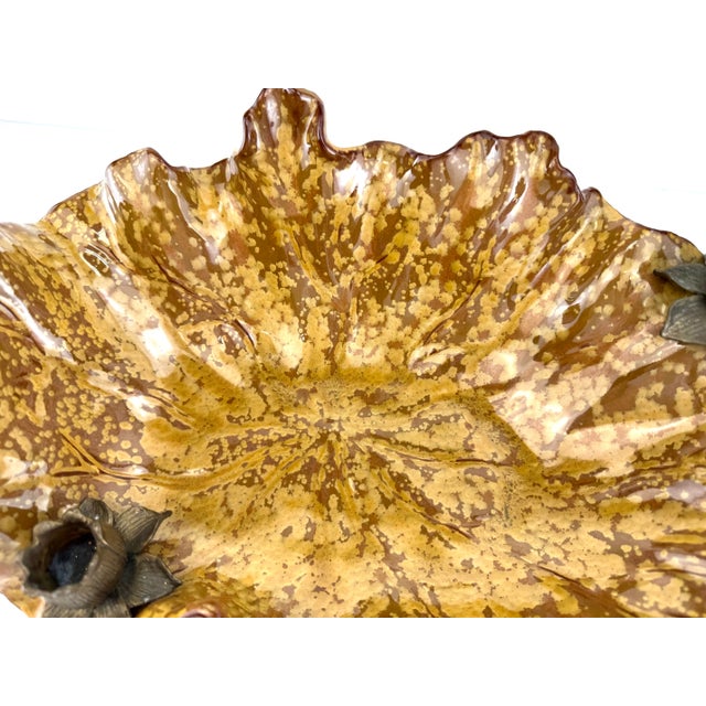 Vintage Mid Century Castilian Imports Ruffled Ceramic Lotus Bowl With Bronze Accents For Sale - Image 13 of 14