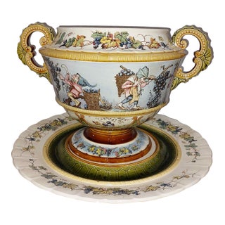 19th Century Villeroy & Boch Mettlach Ceramic Punch Bowl & Underplate 2339-1028 Pug Dwarfs - 2 Pieces For Sale
