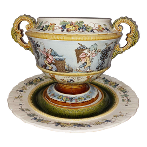 19th Century Villeroy & Boch Mettlach Ceramic Punch Bowl & Underplate 2339-1028 Pug Dwarfs - 2 Pieces