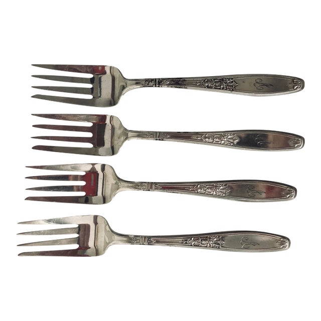 Antique 1847 Rogers Bros "Ambassador " Pattern Monogram a Dessert / Salad Forks - Set of 4 For Sale