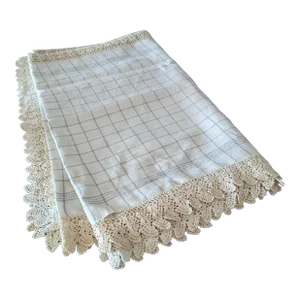 Mid 20th Century Linen Check Tablecloth with Crochet Details