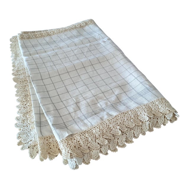 Vintage Linen Checkered Tablecloth With Crochet Details For Sale