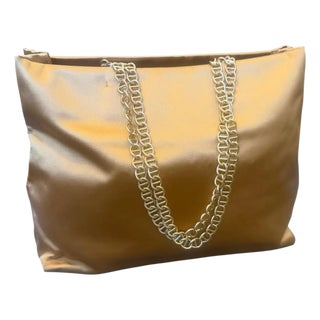 2000s Vintage Satin Yellow and Brass Chain Tote Bag by Prada For Sale
