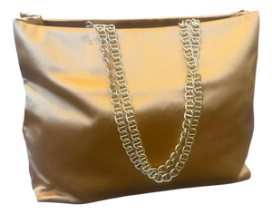 2000s Vintage Satin Yellow and Brass Chain Tote Bag by Prada