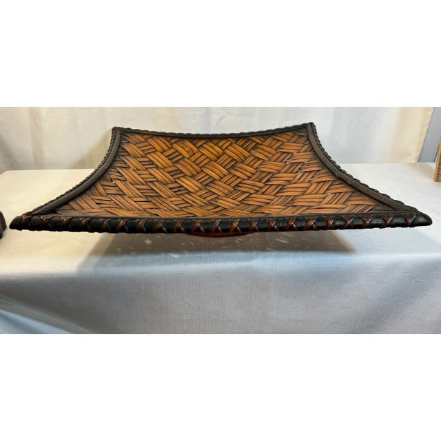Chocolate Vintage Boho Chic Bamboo and Split Reed Footed Square Basket Tray For Sale - Image 8 of 9