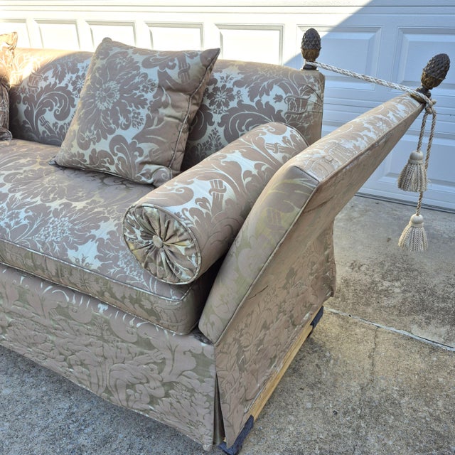 Vintage George Smith Style Silk Damask Knole Sofa 81” Long With Hinged Sides Pineapple Finials Down Cushions For Sale In Washington DC - Image 6 of 17