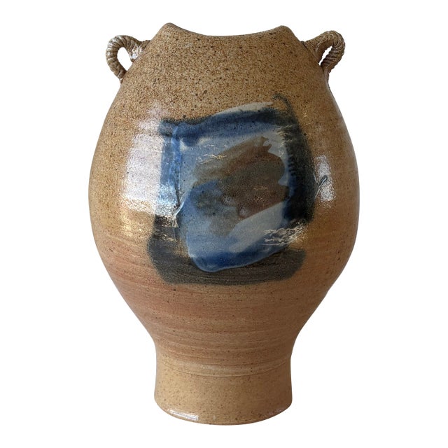 Vintage Studio Pottery Vessel With Sculptural Rope Handles For Sale