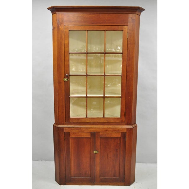 Antique American Colonial Primitive Solid Cherry Wood 2 Part Corner China Cabinet Cupboard with Individual Panes of Glass....