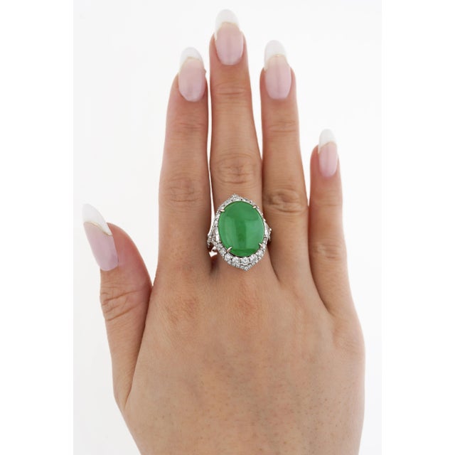 Gia Certified 14.68 Carat Grade a Jadeite Jade Ring With Diamond in 18k Gold Size 6 For Sale - Image 11 of 12