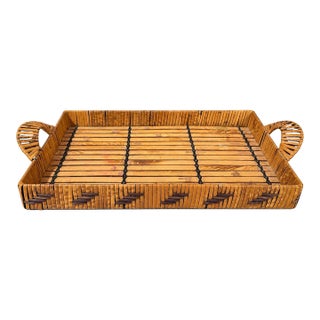 Vintage Bamboo & Rattan Tray With Woven Handles, Mid-Century For Sale