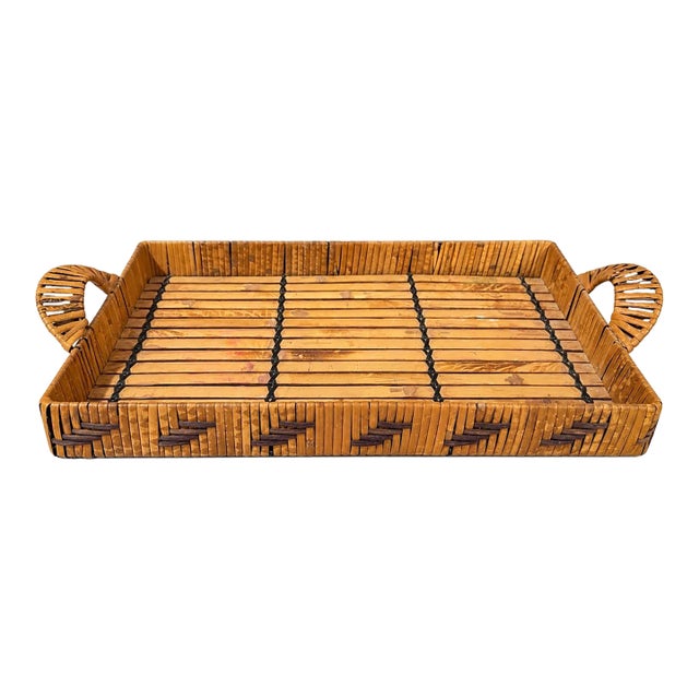 Vintage Bamboo & Rattan Tray With Woven Handles, Mid-Century For Sale