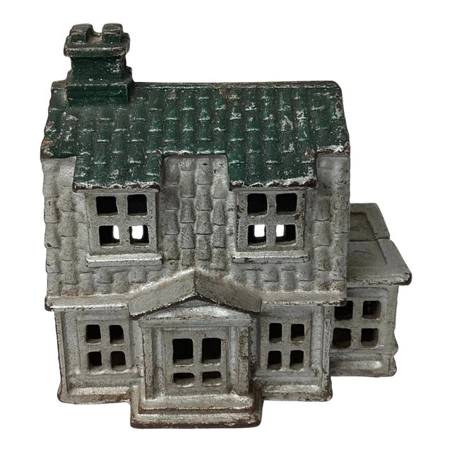 Antique Cast Iron House, Porch, Chimney Still Coin Bank Building Silver & Green For Sale