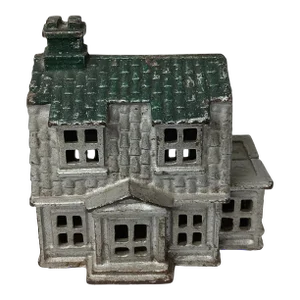 Antique Cast Iron House, Porch, Chimney Still Coin Bank Building Silver & Green
