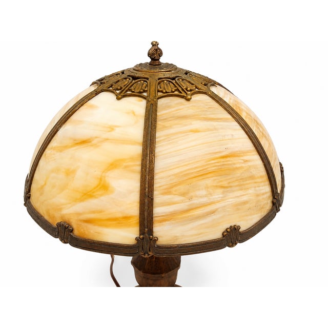 Metal Vintage Amber Slag Glass Table Lamp With Ornate Metal Base For Sale - Image 7 of 7
