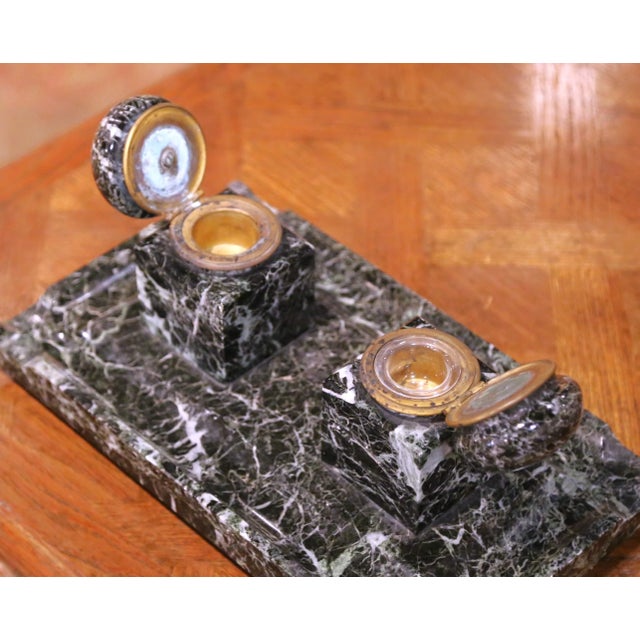 Metal 19th Century French Napoleon III Marble Double Inkwell With Bronze Mounted Lids For Sale - Image 7 of 9