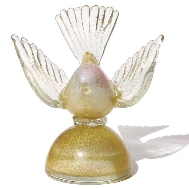 Beautiful vintage Murano hand blown white, pink and gold flecks Italian art glass bird on base figurine, paperweight....