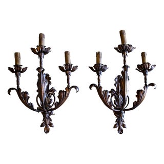 Vintage Baroque Style Three-Light Wall Lamps, 1950s, Set of 2 For Sale