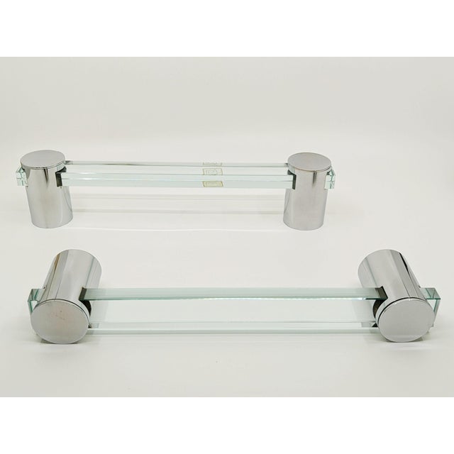 This "Celada Serie" bathroom set is made from a thick cut glass and nickel-plated brass joints. It was designed by Gianni...