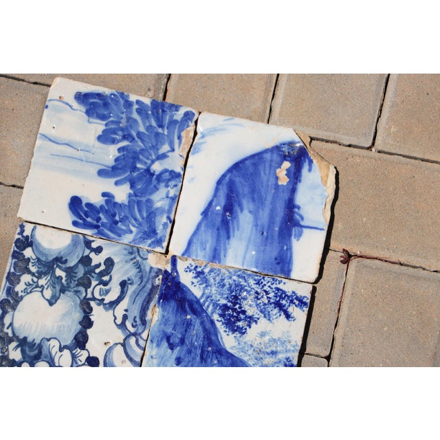 Baroque 18th Century Antique Portuguese Blue & White Tiles With Floral Cartouche and Landscape Motifs Set of 6 For Sale - Image 3 of 8