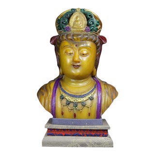 Vintage Shoushan Stone Guanyin Bust With Polychrome Details For Sale