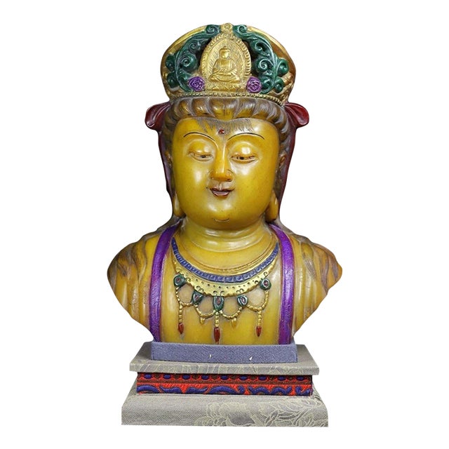 Vintage Shoushan Stone Guanyin Bust With Polychrome Details For Sale