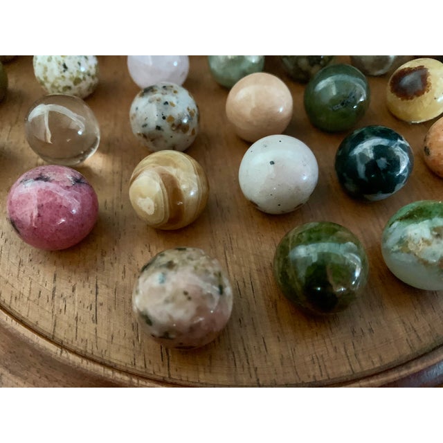 1990s Vintage Wooden Peg Solitaire Game Set 37 Semi Precious Gemstone Mineral Marbles For Sale - Image 5 of 15